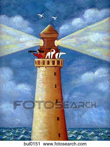 Clip Art - An illustration of three people in a light house looking through telescopes. Fotosearch