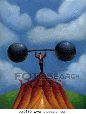 Clipart - Businessman standing on top of a circus tent while holding up a barbell. Fotosearch