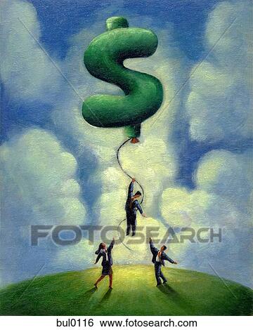 Stock Illustration - Businesspeople trying to catch a man who is floating away on a dollar sign balloon. Fotosearch