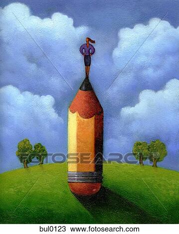 Businesswoman standing on the tip of a pencil View Large Illustration Drawing - Businesswoman standing on the tip of a pencil. Fotosearch