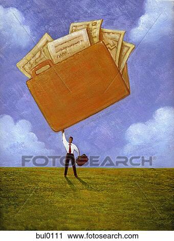 Clip Art - Illustration of a businessman holding a briefcase full of documents. Fotosearch