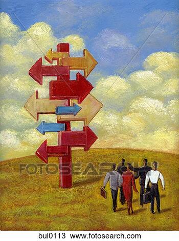 Illustration of a group of people standing infront of directional arrows View Large Illustration Drawing - Illustration of a group of people standing infront of directional arrows. Fotosearch
