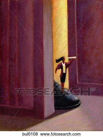 Stock Illustration - Illustration of a mini businesswoman standing on a man's show while looking through a telescope. Fotosearch