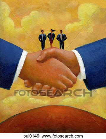 Stock Illustration - Three businesspeople standing on two giant hands shaking. Fotosearch