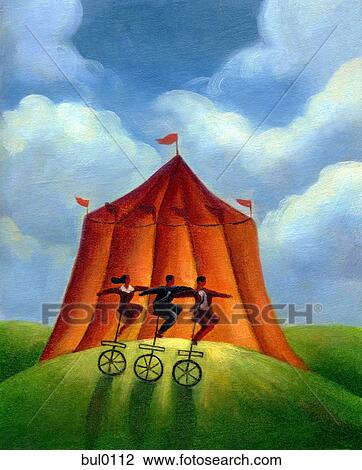 Three people on unicycles infront of a circus tent View Large Illustration Drawing - Three people on unicycles infront of a circus tent. Fotosearch