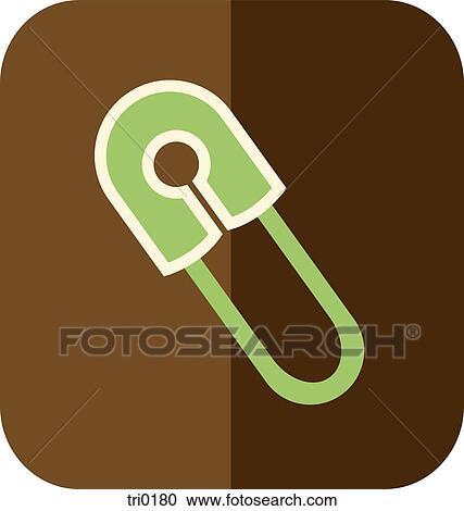 Clipart - A green baby safety pin on brown background. Fotosearch