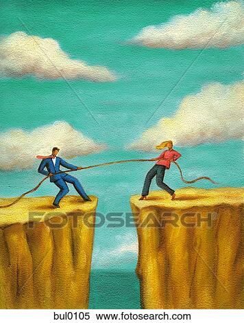 Stock Illustration - A businessman and businesswoman having a tug of war. Fotosearch