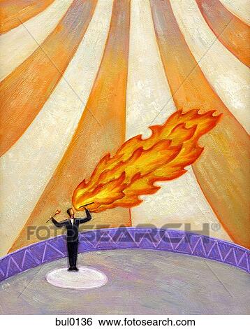 A businessman performing as a fire breather in the circus View Large Illustration Stock Illustration - A businessman performing as a fire breather in the circus. Fotosearch