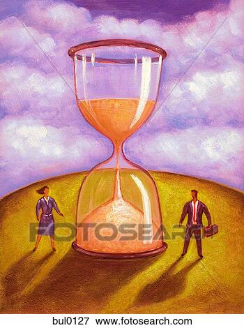 A man and woman standing beside a large hour glass View Large Illustration Stock Illustration - A man and woman standing beside a large hour glass. Fotosearch