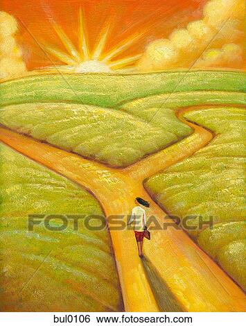 Stock Illustration - An illustration of a woman arriving at a crossroads. Fotosearch