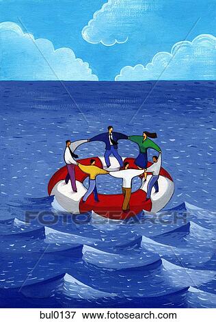 Businesspeople holding hands and standing on a life ring in the water View Large Illustration Stock Illustration - Businesspeople holding hands and standing on a life ring in the water. Fotosearch