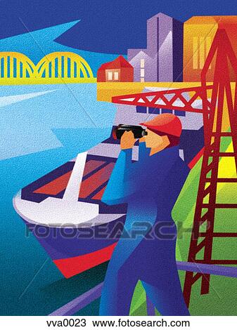 Drawing - A man near a cargo boat wearing a hard hat and looking out into the distance. Fotosearch