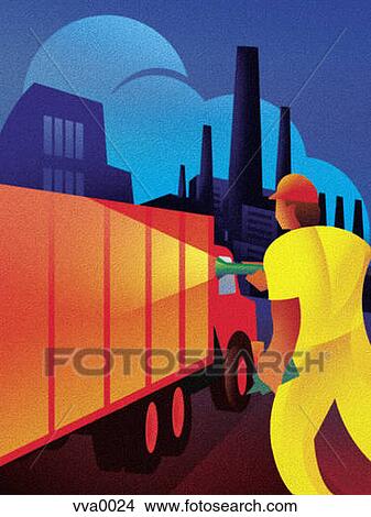 Stock Illustration - A man pointing his flashlight at a factory truck. Fotosearch