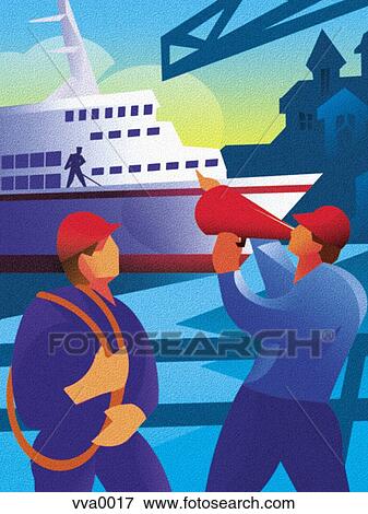 Stock Illustration - An illustration of two construction workers and in the background is a cruise ship. Fotosearch