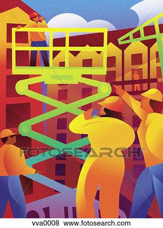 Stock Illustration - Construction worker on a scissor lift. Fotosearch