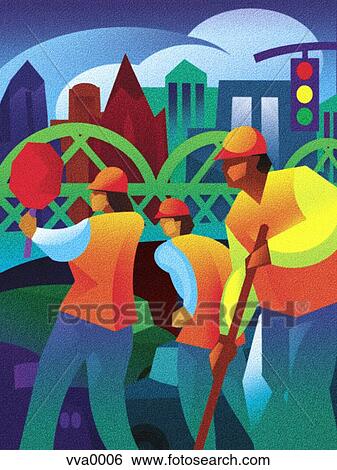 Construction workers directing traffic on the streets View Large Illustration Stock Illustration - Construction workers directing traffic on the streets. Fotosearch