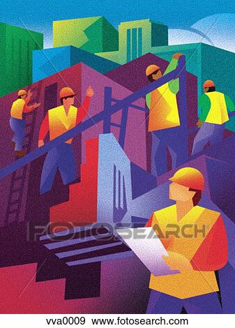 Stock Illustration - Construction workers working on high rise buildings in the city. Fotosearch