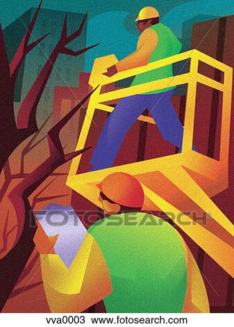 Illustration of a man in a bucket truck View Large Illustration Drawing - Illustration of a man in a bucket truck. Fotosearch