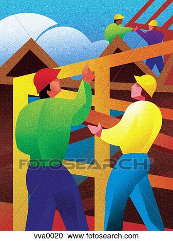 Clipart - Illustration of construction workers putting up a frame of a house. Fotosearch