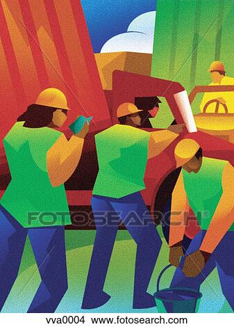 Illustration of construction workers doing work on a street View Large Illustration Stock Illustration - Illustration of construction workers doing work on a street. Fotosearch
