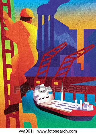 Clip Art - Man climbing a ladder with a tanker in the background. Fotosearch