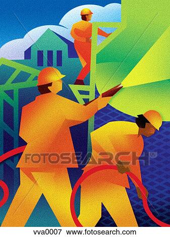Stock Illustration - Men applying stucco to a building. Fotosearch