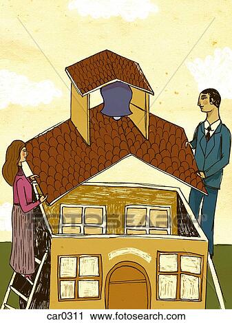Clip Art - A man and woman placing the roof on a school building. Fotosearch