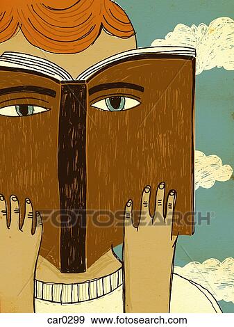 Stock Illustration - A person whose eyes are superimposed on a book. Fotosearch