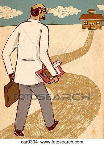 Stock Illustration - A teacher walking along a pathway leading towards a school. Fotosearch