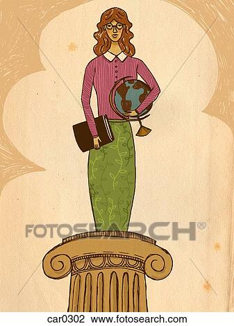 Drawing - A teacher with a book and a globe standing on a pedestal. Fotosearch