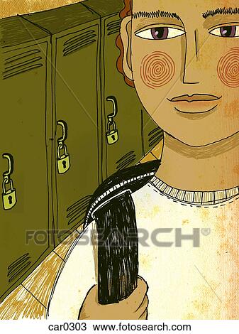 A teenage boy standing beside his school locker View Large Illustration Drawing - A teenage boy standing beside his school locker. Fotosearch
