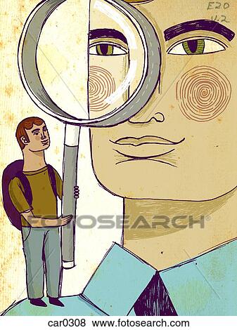 Stock Illustration - A tiny young man holding a magnifying glass up to a large mans eye. Fotosearch