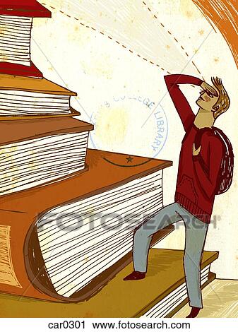 Clip Art - A young man climbing up a tower of textbooks. Fotosearch