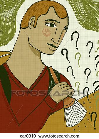 A young man wearing a backpack and sweeping up question marks View Large Illustration Clipart - A young man wearing a backpack and sweeping up question marks. Fotosearch