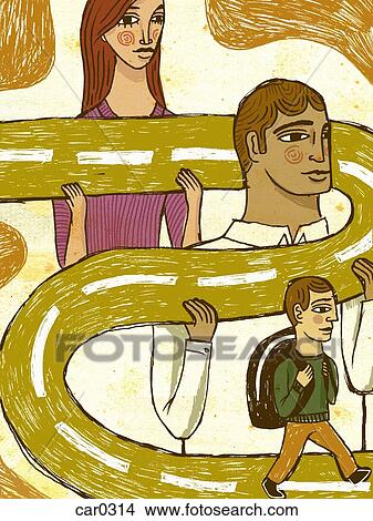 Stock Illustration - Man and woman holding up a road for a boy to walk on. Fotosearch