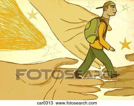 Drawing - Three large hands helping a student find his way. Fotosearch