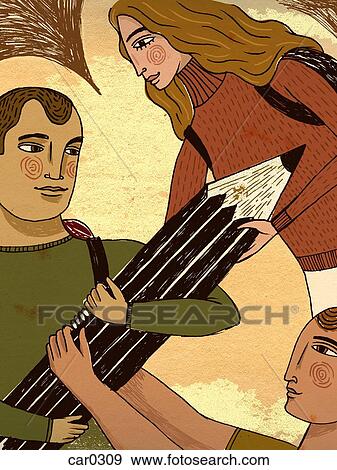 Stock Illustration - Two teenage boys and one girl grasping a large pencil. Fotosearch