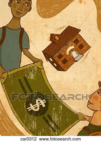 Two young boys bouncing a school on a large dollar bill View Large Illustration Drawing - Two young boys bouncing a school on a large dollar bill. Fotosearch