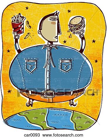 Drawing - A fat man holding a burger and fries, while floating above the earth. Fotosearch