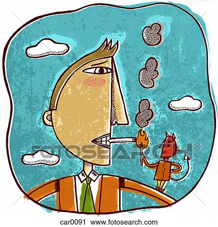 Clip Art - A little devil lighting a mans cigarette. Fotosearch
