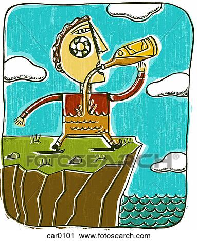 A man drinking hard liquor and about to walk off the edge of a cliff View Large Illustration Clip Art - A man drinking hard liquor and about to walk off the edge of a cliff. Fotosearch