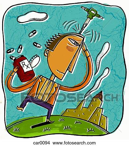 A man with a jackhammer on his head, and holding a headache remedy View Large Illustration Stock Illustration - A man with a jackhammer on his head, and holding a headache remedy. Fotosearch