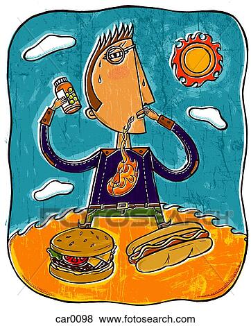 Stock Illustration - A man with heartburn holding a bottle of pills, with a burger and hot dog in front. Fotosearch
