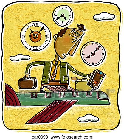 Clipart - A weary business traveler riding a plane through different time zones. Fotosearch