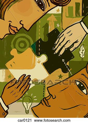 A man and woman looking at each other, with two hands joining puzzle pieces together View Large Illustration Clip Art - A man and woman looking at each other, with two hands joining puzzle pieces together. Fotosearch