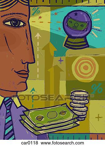 A man looking at a crystal ball with money inside, and in the foreground is a stack of bills and coins View Large Illustration Stock Illustration - A man looking at a crystal ball with money inside, and in the foreground is a stack of bills and coins. Fotosearch