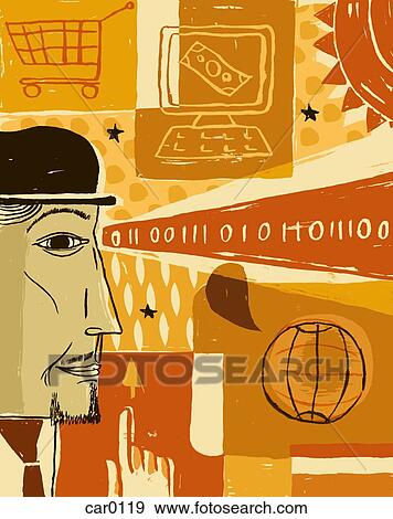Stock Illustration - A man looking at computer code, with a computer, shopping cart and a globe as background. Fotosearch