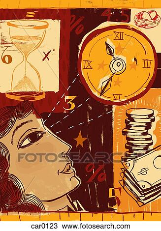 Drawing - A woman looking up at a clock against a collage of an hourglass and a pile of money. Fotosearch