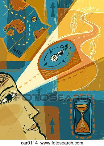 Collage of a man looking at a compass, with a map and hourglass in the background View Large Illustration Stock Illustration - Collage of a man looking at a compass, with a map and hourglass in the background. Fotosearch