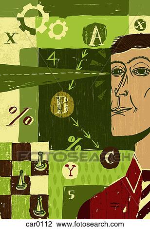 Drawing - Collage of a man standing beside a chess set, numbers, letters and symbols. Fotosearch